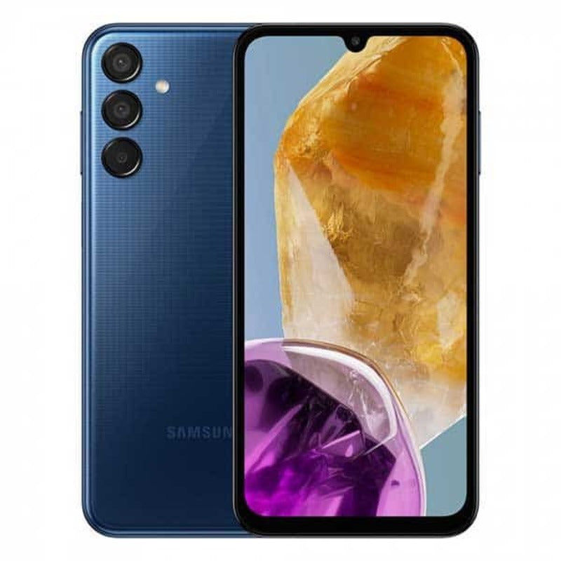 Samsung Galaxy M15 smartphone in blue color with a 50MP camera module on the back, display on showing colorful interface.